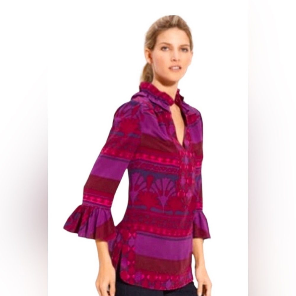 🤑 Tory Burch Silk Ruffle V Neck 3/4 Sleeve Geometric Blouse Purple